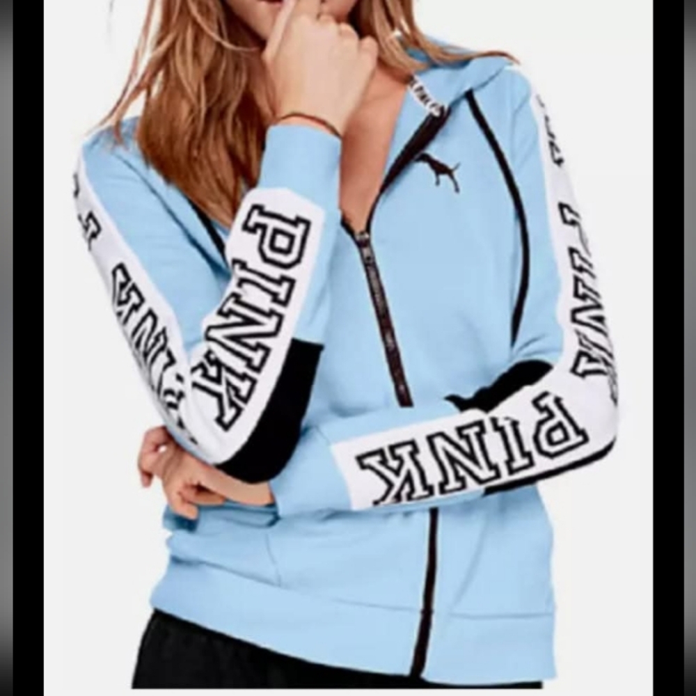 PINK VS Colorblock Full Zip Hoodie Baby Blue, White & Blk Block Logos